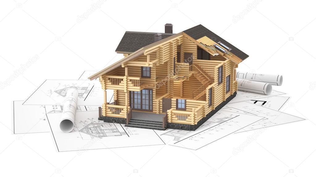 The model of a log house on the background drawings