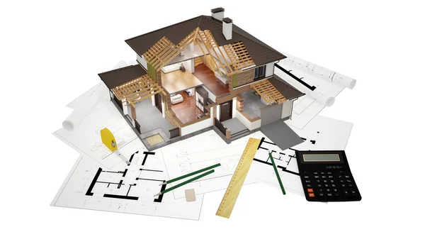 bir ev planları üzerine 3D render