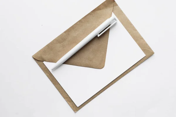 Writing Letter Envelope Postcard Pen White Background — Φωτογραφία Αρχείου