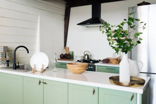 Cozy modern kitchen with white walls