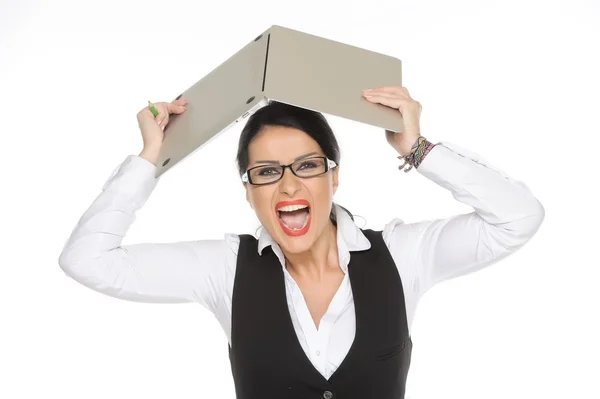 A scared female covering his head with an open laptop isolated on white background — Stock Photo, Image