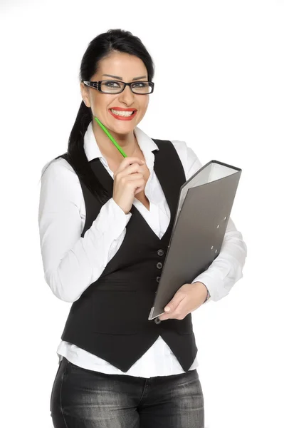 Positive Geschäftsfrau mit Bleistift und Mappe auf weißem isolierten Hintergrund — Stockfoto