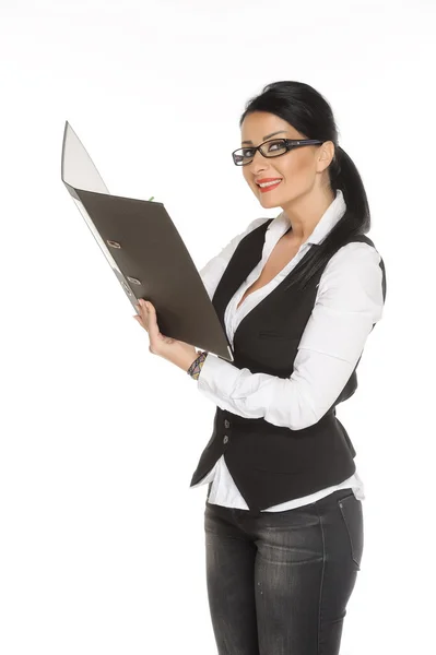 Positive businesswoman with pencil and folder on white isolated background — Stock Photo, Image