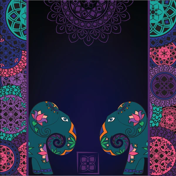 Dark background with elephant and mandalas — Stock Vector