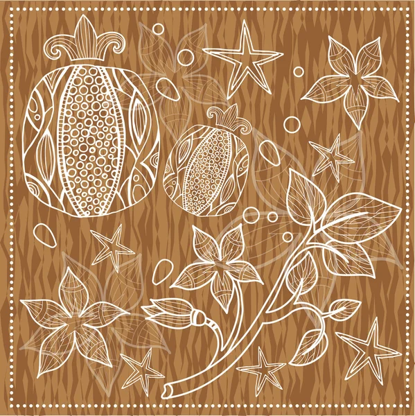 Granatapfelfrüchte und Zweige mit Blüten — Stockvektor