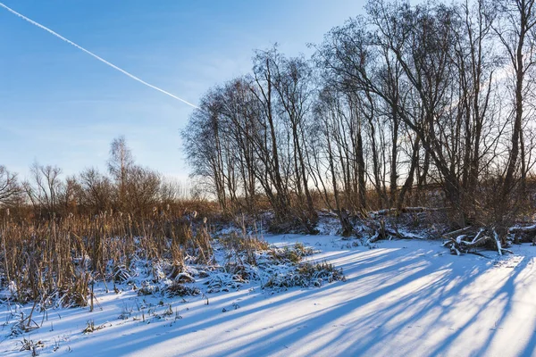 Vinterlandskap Med Frusen Flod — Stockfoto