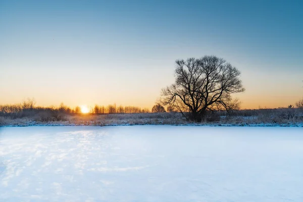 Zimowy Krajobraz Zamarzniętą Rzeką — Zdjęcie stockowe