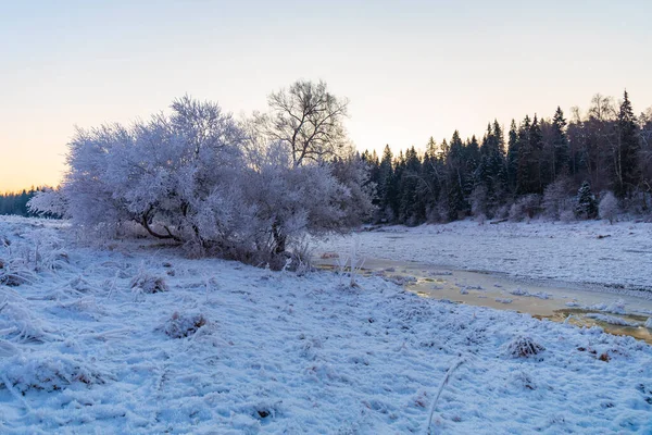 Zimowy Krajobraz Zamarzniętą Rzeką — Zdjęcie stockowe
