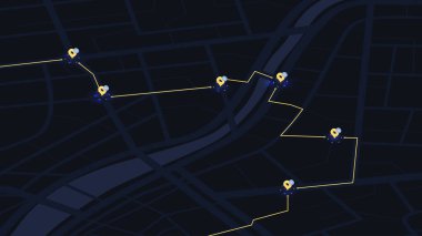 Modern bir karanlık temalı dijital navigasyon haritası, altı stratejik manzaralı bir şehir manzarasından geçen bir dağıtım rotasını gösterir.