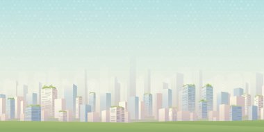 Modern metropol manzarası çatısı bahçeli ve konum işaretli yüksek binaları gösteriyor. Vektör illüstrasyonu.