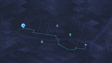 Koyu mod şehir sokak haritası mavi ve yeşil iğne işaretlerini şehir blokları boyunca birleştiren neon cyan güzergahı gösteriyor