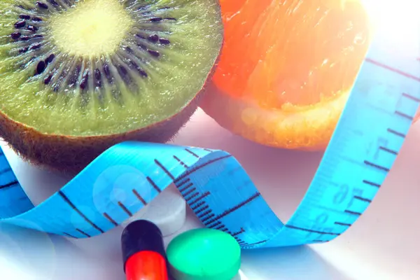 Gyümölcs Fogyás Meter Egy Eszköz Hossza Mérésére Egészséges Életmód Kivi — Stock Fotó