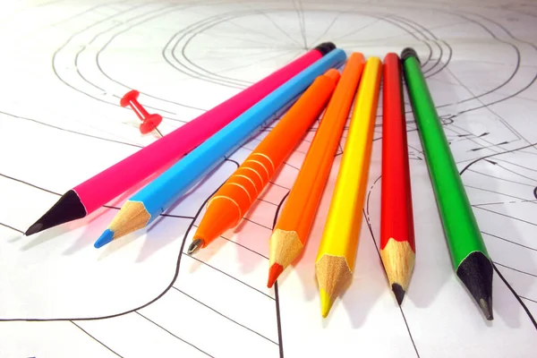 Lápices Colores Dibujo Tema Del Trabajo Del Ingeniero Espacio Para —  Fotos de Stock