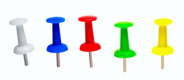 Row of color pushpins isolated on white reflective background