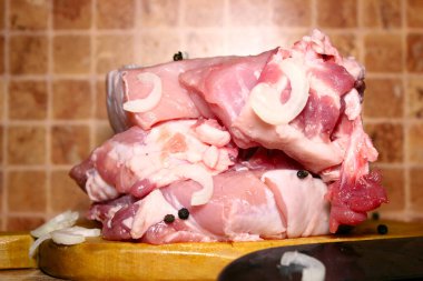 Raw  meat. Cutting board. Board. Spices for chicken meat. Fresh meat