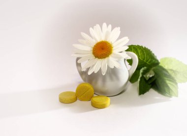 Doğal bitkiler ve çiçeklerden alınan beden terapisi hapları. Bitkisel ilaç, beslenme takviyesi ve vitamin konsepti.