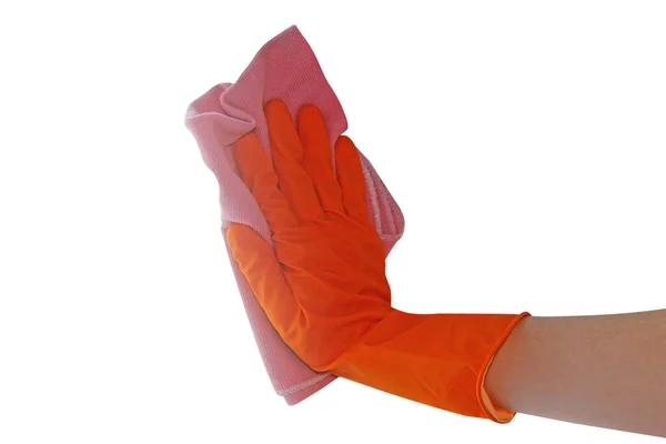 Hands Gloves Orange Color Spray Cleaning Windows Wash Glasses Selective — Zdjęcie stockowe