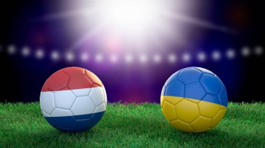 Stadyumdaki bayraklı iki futbol topu bulanık arka planda. Hollanda ve Ukrayna. 3d resim