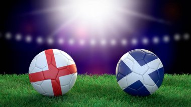 Stadyumdaki bayraklı iki futbol topu bulanık arka planda. İngiltere ve İskoçya. 3d resim