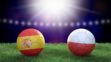 Stadyumdaki bayraklı iki futbol topu bulanık arka planda. İspanya ve Polonya. 3d resim