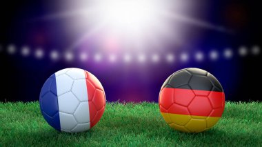 Stadyumdaki bayraklı iki futbol topu bulanık arka planda. Fransa ve Almanya. 3d resim