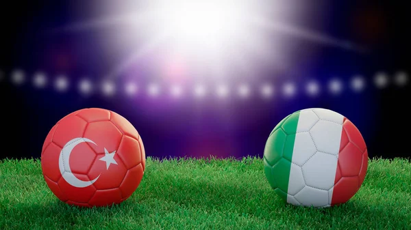 Due Palloni Calcio Bandiere Colori Sfondo Sfocato Stadio Turchia Italia — Foto Stock