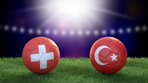 Due Palloni Calcio Bandiere Colori Sfondo Sfocato Stadio Svizzera Turchia — Foto Stock