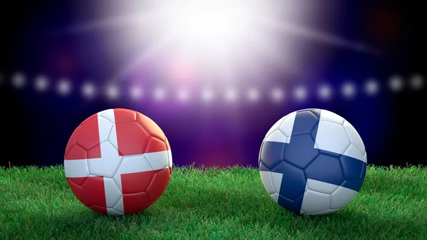 Dva Fotbalové Míče Vlajkách Barvy Stadionu Rozmazané Pozadí Dánsko Finsko — Stock fotografie