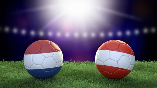 两个挂满国旗的足球在体育场的背景上模糊不清 荷兰和奥地利 3D图像 — 图库照片