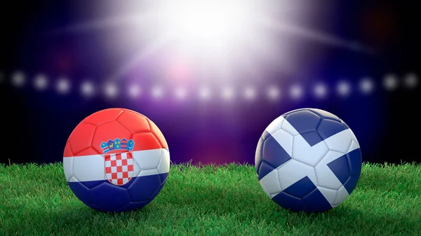 Twee Voetbal Ballen Vlaggen Kleuren Stadion Wazig Achtergrond Kroatië Schotland — Stockfoto