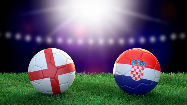 Twee Voetbal Ballen Vlaggen Kleuren Stadion Wazig Achtergrond Engeland Kroatië — Stockfoto