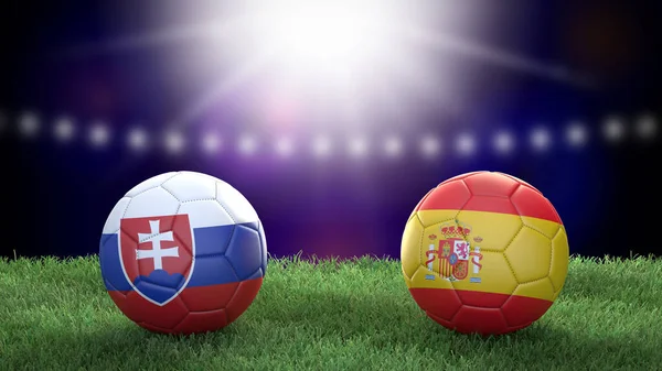 Duas Bolas Futebol Bandeiras Cores Estádio Desfocado Fundo Eslováquia Espanha — Fotografia de Stock
