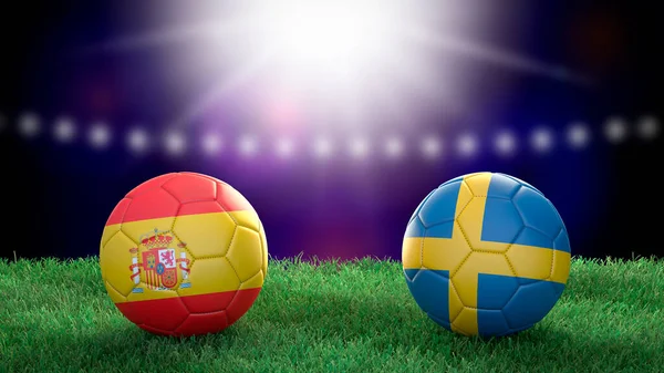 Två Fotboll Bollar Flaggor Färger Stadion Suddig Bakgrund Spanien Och — Stockfoto