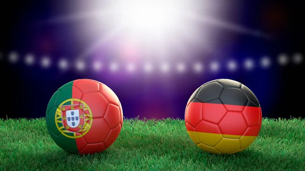 Δύο Μπάλες Ποδοσφαίρου Σημαίες Χρώματα Στο Γήπεδο Θολή Φόντο Πορτογαλία — Φωτογραφία Αρχείου