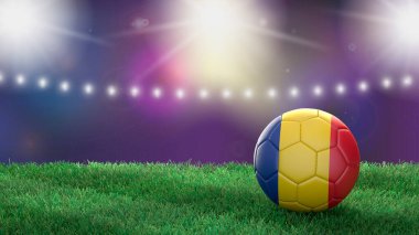 Parlak bulanık stadyum arka planında bayrak renginde futbol topu. Romanya. 3B resim