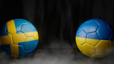 Siyah soyut bir arkaplanda bayraklı iki futbol topu. İsveç ve Ukrayna. 3d resim