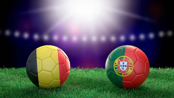 Δύο Μπάλες Ποδοσφαίρου Σημαίες Χρώματα Στο Γήπεδο Θολή Φόντο Βέλγιο — Φωτογραφία Αρχείου