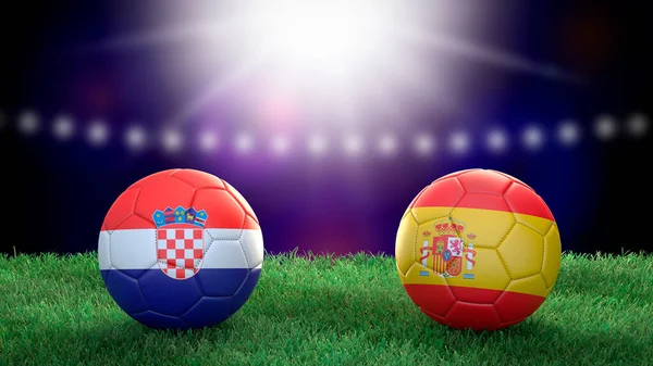 Duas Bolas Futebol Bandeiras Cores Estádio Desfocado Fundo Croácia Espanha — Fotografia de Stock