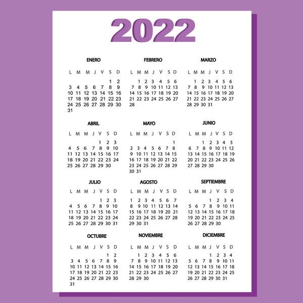 Spanish calendar 2022 on isolated background. Days of the week start on Monday. Weekends and holidays are not allocated