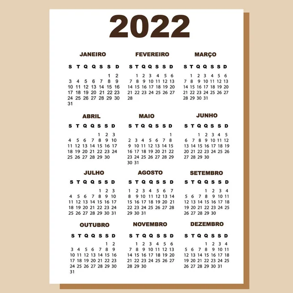 Kalender Portugisiska Språket 2022 Isolerad Bakgrund Veckodagarna Börjar Måndag Helger Stockbild