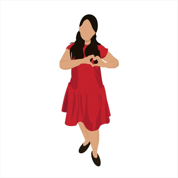 Mulher Fica Vestido Vermelho Com Cabelo Preto Mãos Forma Coração — Fotografia de Stock