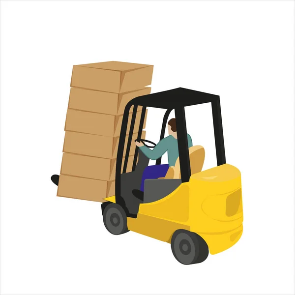 Forklift truck yellow color loads the cargo .Cargo delivery, shipping. Stock vector illustration on white isolated background.
