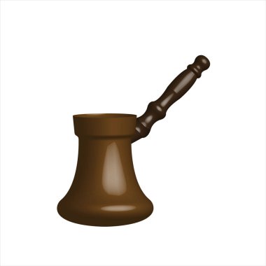 Beyaz arka planda 3 boyutlu kahve demliği. Saplı bir Türk kahvesi. Türk kahvesi. Cezve. Fırında kahve yapmak için kulplu bir kase. Vektör illüstrasyonu