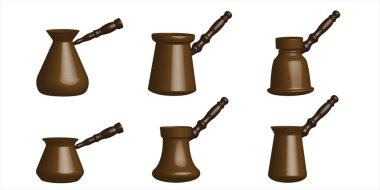 Kahve için bir çift Türk. Beyaz arka planda 3 boyutlu kahve demliği. Saplı bir Türk kahvesi. Türk kahvesi. Cezve. Fırında kahve yapmak için kulplu bir kase. Vektör illüstrasyonu