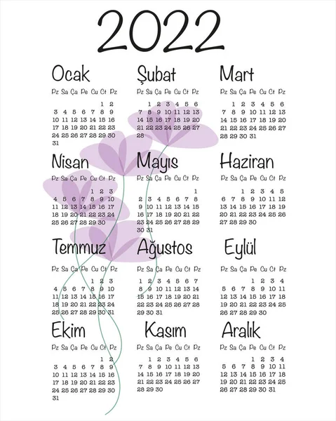 Kalendarz Języku Tureckim 2022 Tłumaczenie 2022 Miesiące Roku Dni Tygodnia — Zdjęcie stockowe