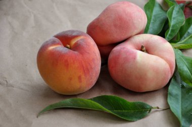 Yapraklı olgun şeftaliler. İncirli şeftali. Nektarin