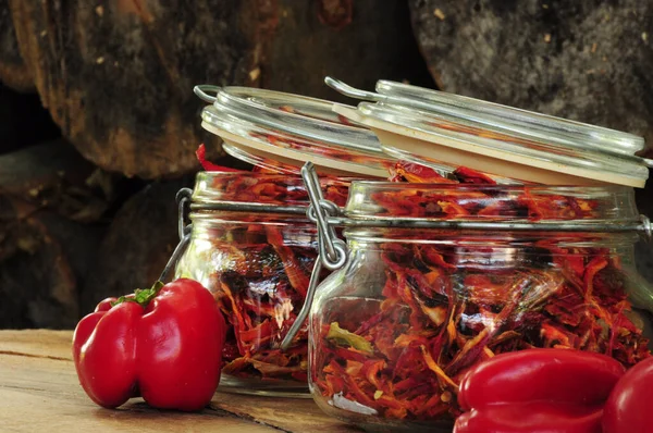 Dried Peppers Glass Jar Wooden Background Freeze Dried Vegetables Paprika — Stock Photo, Image