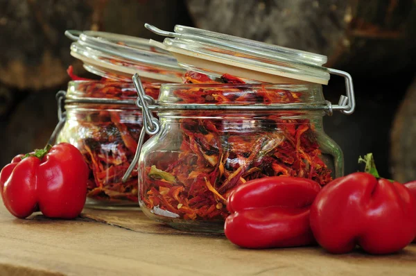 Dried Peppers Glass Jar Wooden Background Freeze Dried Vegetables Paprika — Stock Photo, Image