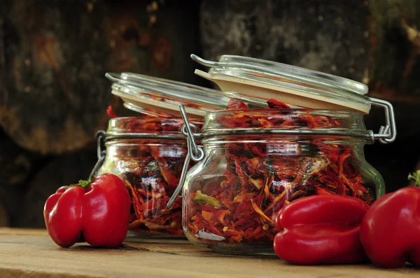 Dried Peppers Glass Jar Wooden Background Freeze Dried Vegetables Paprika — Stock Photo, Image