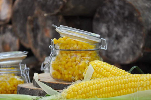 Corn Frozen Corn Glass Jar Harvesting Vegetables Winter Canned Sweet — Stock Photo, Image